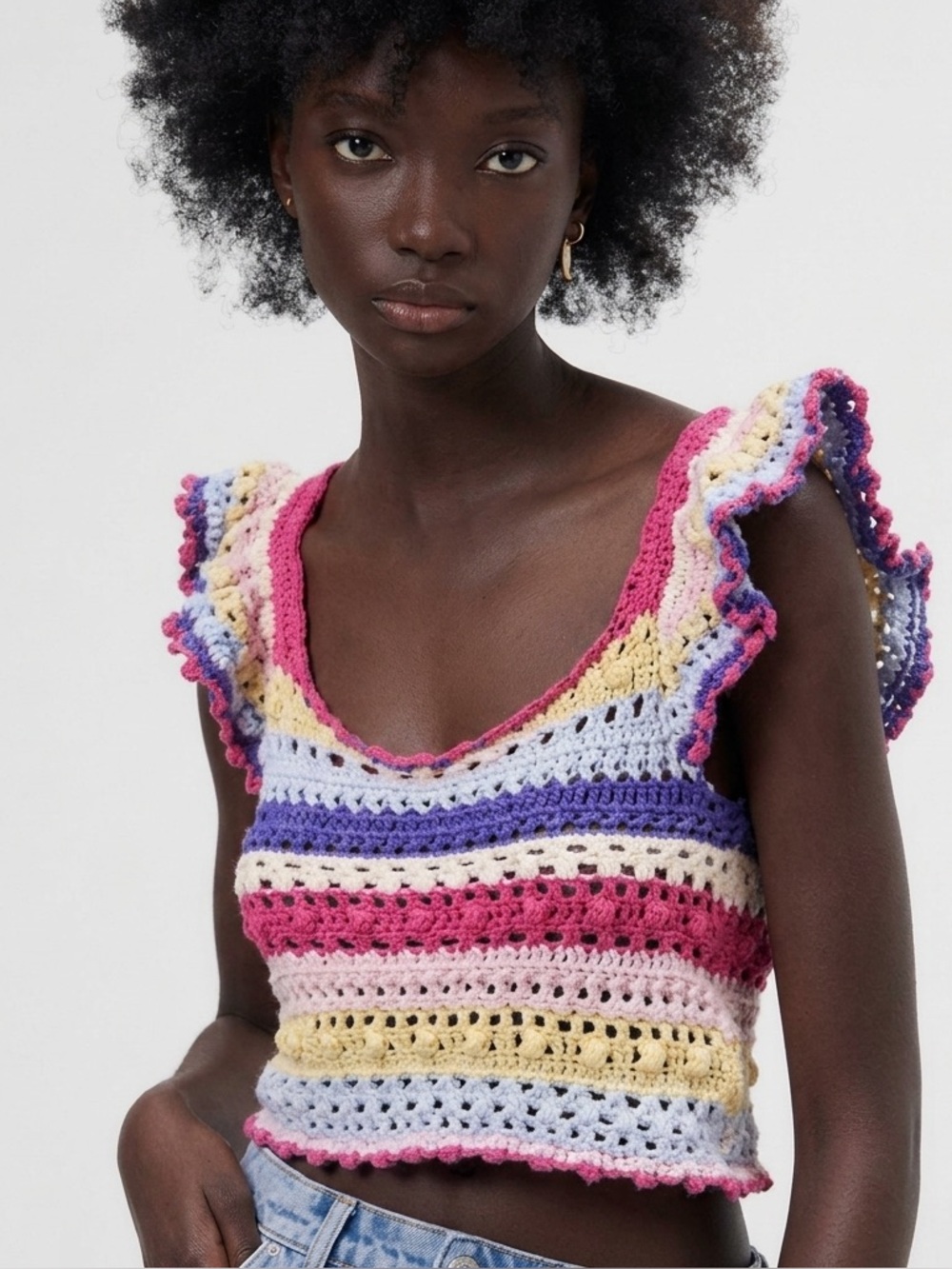 Zara Multicolor Crochet Ruffle Tank Top - Pink, Purple, Yellow, Cream, small